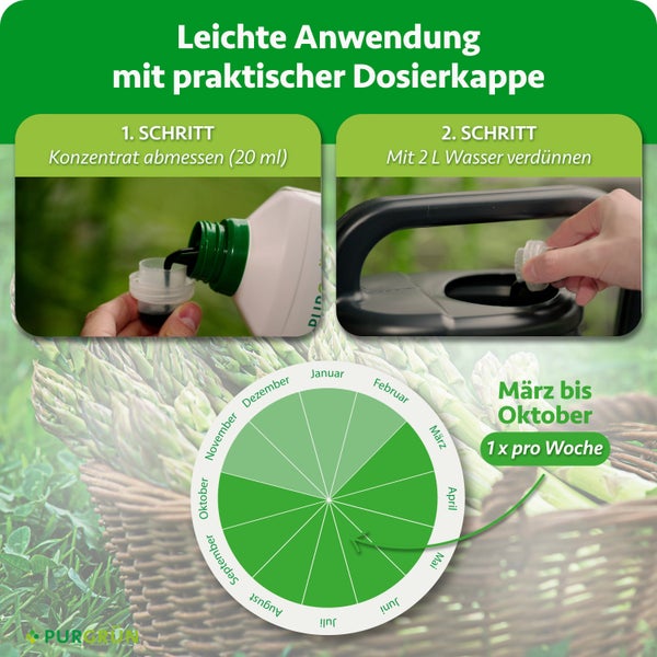 Anwendungshinweise für Pflanzendünger: Konzentrat abmessen, mit Wasser verdünnen und von März bis Oktober einmal wöchentlich anwenden.