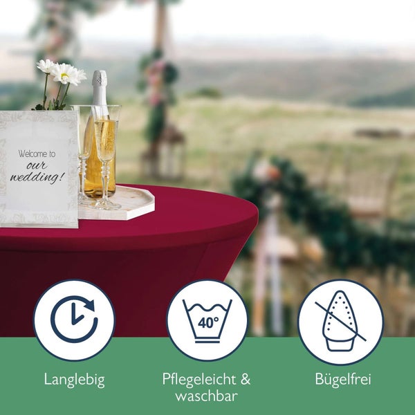 Burgunderroter Stretchhusse für Stehtisch, mit Dekoration und Symbolen für Langlebigkeit, Pflegeleichtigkeit und Bügelfreiheit