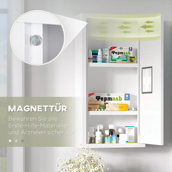 kleankin Medizinschrank, Erste Hilfe Schrank, Apothekerschrank mit 3 Innenfächern, Arzneischrank mit Magnetverschluss, Medikamentenschrank mit Griff, Stahl, Weiß, 30 x 12 x 60 cm