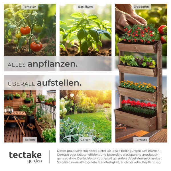 Vertikales Holz-Hochbeet mit vier Etagen für Gemüse, Kräuter und Blumen auf Balkon, Garten oder Terrasse. tectake garden Logo.