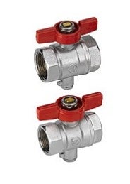 Zwei Kugelhähne aus Metall mit rotem Flügelgriff und Innengewinde.