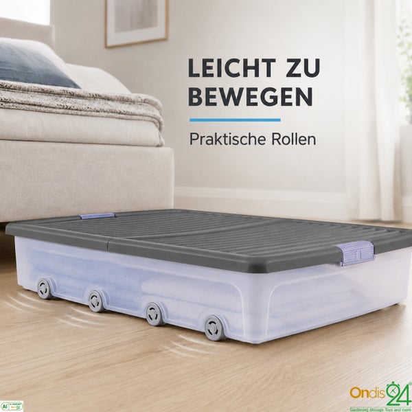 Unterbettkommode mit Rollen zur einfachen Aufbewahrung unter dem Bett.