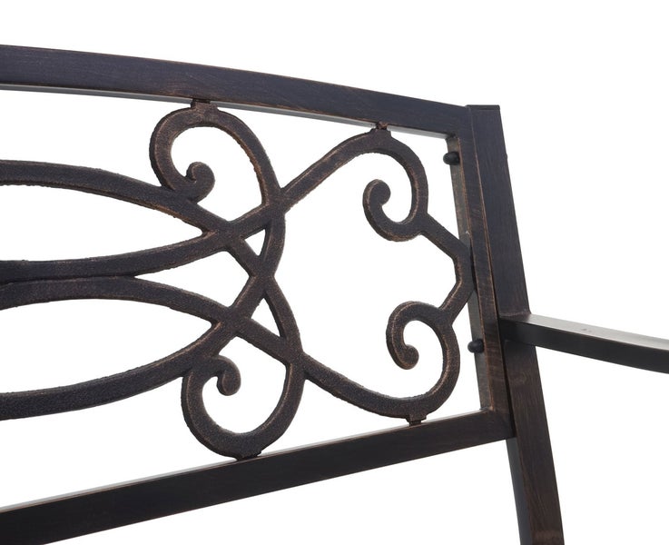 Detailaufnahme der Rückenlehne einer Gartenbank aus Metall mit verschnörkeltem Muster und antikem Finish.