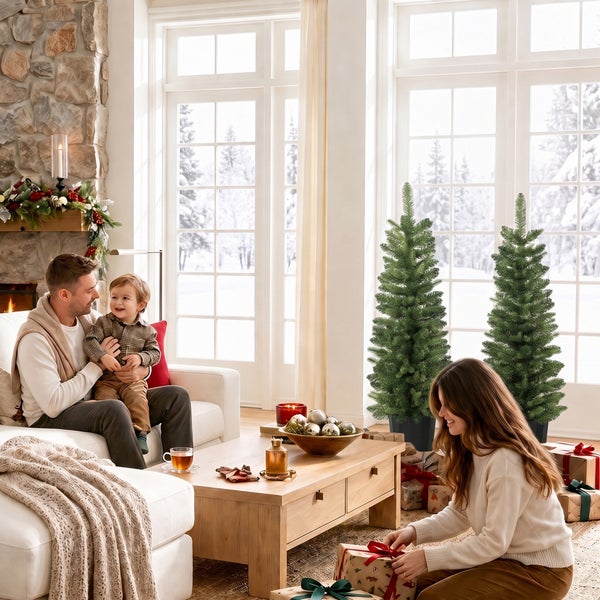 Familie im wohnlich dekorierten Wohnzimmer an Weihnachten mit zwei künstlichen Tannenbäumen, Geschenken und einem Kamin