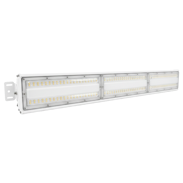 Weißes langgestrecktes LED-Flutlicht mit drei LED-Modulen und Montagehalterung.