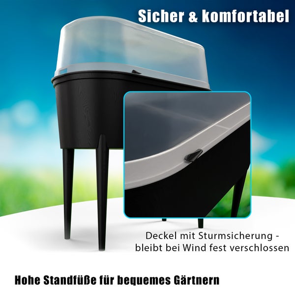 Hochbeet mit Sturmsicherung und hohen Standfüßen für komfortables Gärtnern