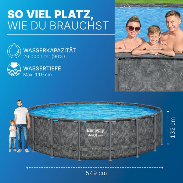 Bestway APX365 Aufstellpool mit Familie, Wassertiefe maximal 119 cm, Wasserkapazität 26000 Liter, Durchmesser 549 cm, Höhe 132 cm