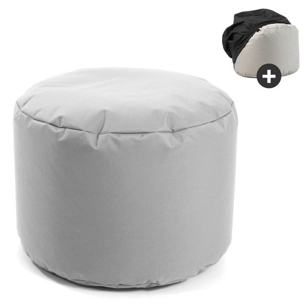 Outdoor Pouf o. Hocker 60x40cm in Grau mit schwarzer Schutzhülle 'Der Ruhepouf', Sitzhocker, Fußhocker o. Sitzkissen rund mit EPS-Perlen Füllung und Cover, wasserabweisender Schutz durch Hülle