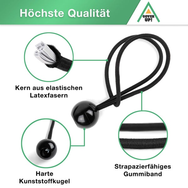 CoverUp! 25 Planenspanner mit Kugel für Banner, Planen, Pavillions, Zelte | Expanderschlingen, Planenhalter, Gummispanner, Zeltgummis, Spanngummis