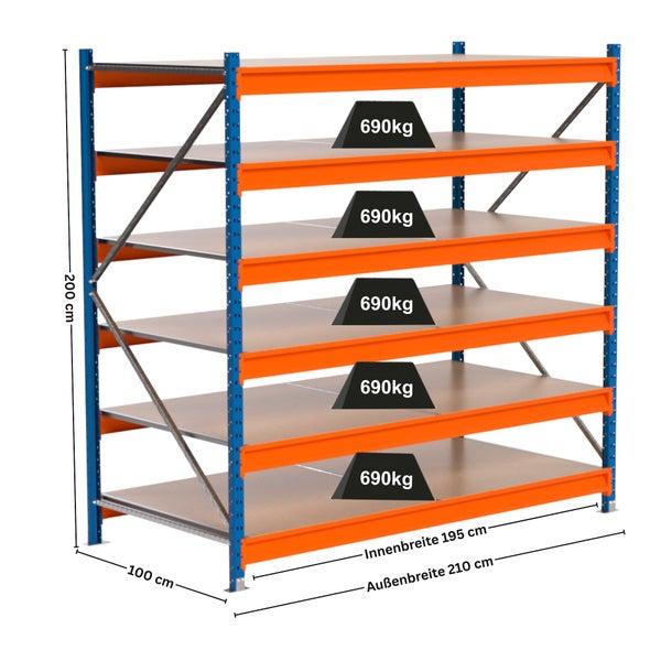 Lagerregal mit fünf Regalböden und einer Traglast von 690 Kilogramm pro Regalboden