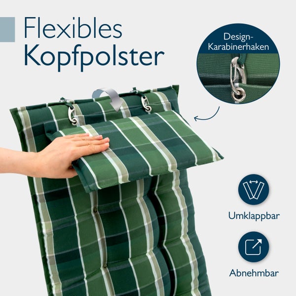 Grüne karierte Gartenstuhlauflage mit umklappbarem und abnehmbarem Kopfpolster sowie Befestigung per Karabinerhaken.