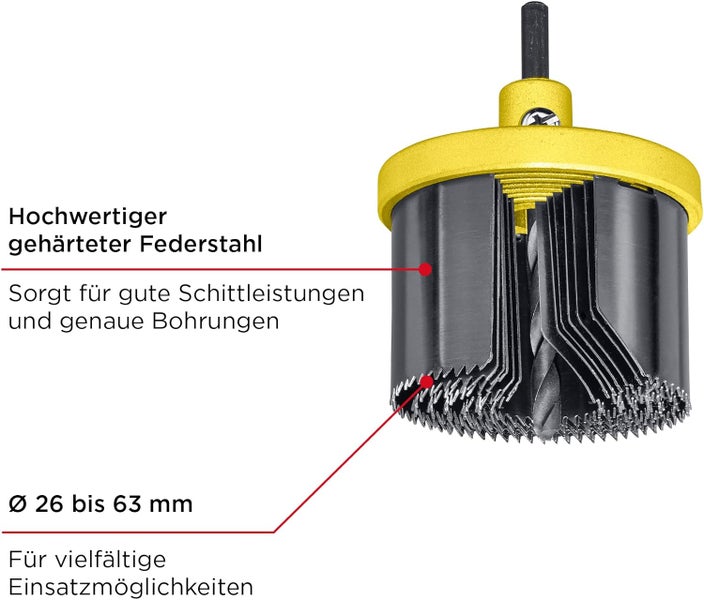 kwb 7-tlg. Mehrkranzlochsäge Ø 25, 32, 38, 45, 50, 58 und 63 mm mit Zentrierbohrer, guter Schnittleistung, 40 mm Schnitttiefe, Rundschaft und schwerem Aludruckguss-Trägerteller