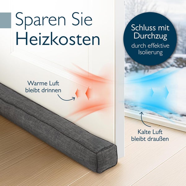 Zugluftstopper aus Stoff zur Isolierung gegen Kälte und zum Sparen von Heizkosten. Hält warme Luft im Raum und kalte Luft draußen.