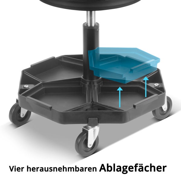 Werkstatthocker mit vier herausnehmbaren Ablagefächern