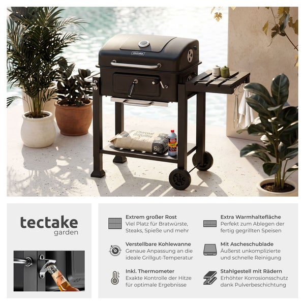 Tectake garden Holzkohlegrill mit Deckel, Thermometer und Seitenablage im Garten, Tectake garden Logo sowie Details zu Rost und Ascheschublade.