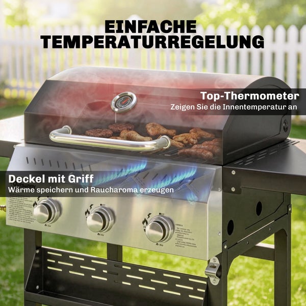 Gasgrill mit drei Reglern für einfache Temperaturregelung, ausgestattet mit Deckelthermometer, Griff und Sichtfenster auf Grillgut.