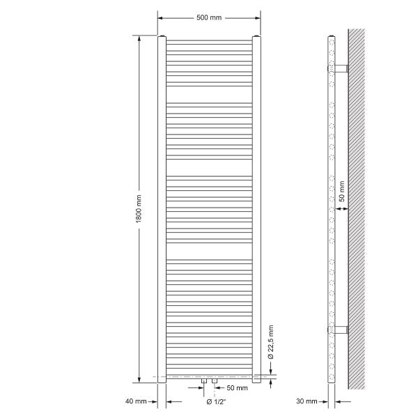 ECD Germany Badheizkörper Mittelanschluss 500 x 1800 mm Weiß gerade mit Thermostat und Anschlussgarnitur Durchgang Boden Weiß - Heizkörper Heizung Handtuchwärmer Handtuchtrockner Handtuchheizkörper