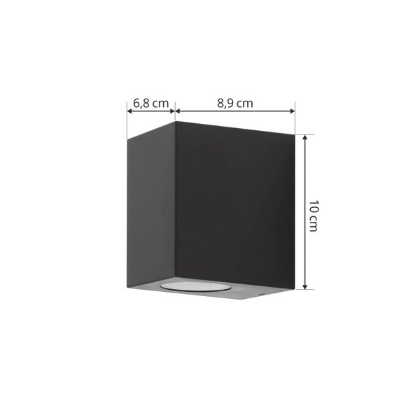 Kubische Wandleuchte mit Maßangaben 6,8 cm, 8,9 cm und 10 cm