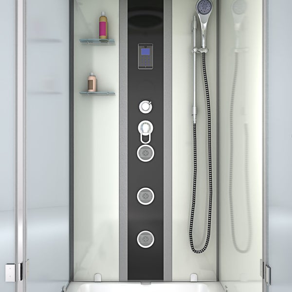 Modernes Duschpaneel mit Digitalanzeige, drei Massagedüsen, Handbrause und integrierten Glasablagen.