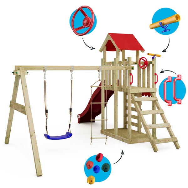WICKEY Spielturm Klettergerüst MultiFlyer Light mit Schaukel und Rutsche, Kletterturm mit Sandkasten, Leiter und Spiel-Zubehör – rot