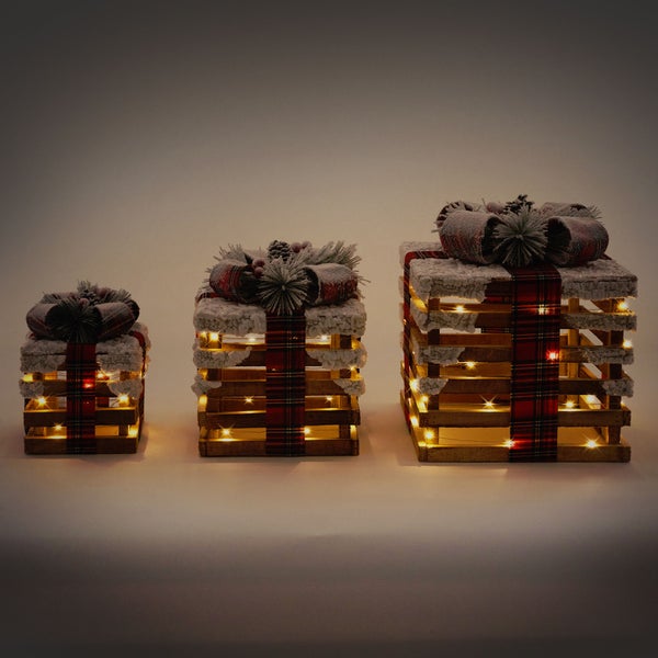 ECD Germany 3er Set LED Geschenkboxen, Braun, Holz geschneit, batteriebetrieben mit Timer, Weihnachtsdeko Weihnachten Geschenk Beleuchtet Weihnachtsbaum Dekoration Weihnachtsgeschenkbox Leuchtkästen