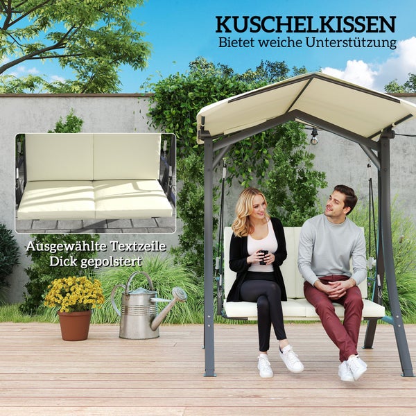 Outsunny Hollywoodschaukel mit verstellbarem Sonnendach Sitzauflage, Schutzhülle 2-Sitzer Gartenschaukel belastbar bis 220kg, UV 30+ Schaukelbank für Garten, Terrasse, 150x120x182cm, Cremeweiß