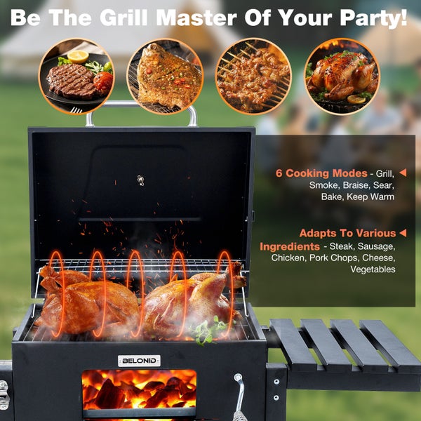 BELONID Holzkohlegrill mit Deckel, Grillfläche: 56×42.5 cm, Höhenverstellbare Kohlenwanne, Faltbarer Seitentisch, Mit Grillabdeckungen Wasserfest