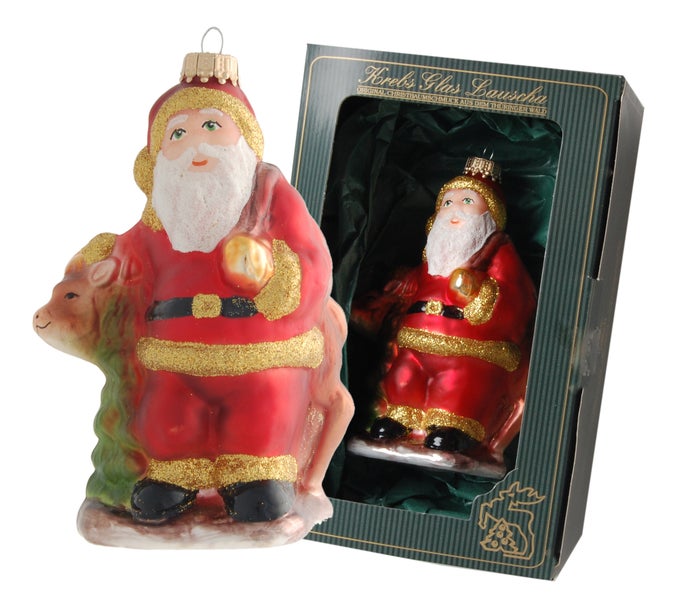 Weihnachtsmann mit Rentier 12cm, Glasornament, mundgeblasen, handbemalt (1), 1 Stck.
