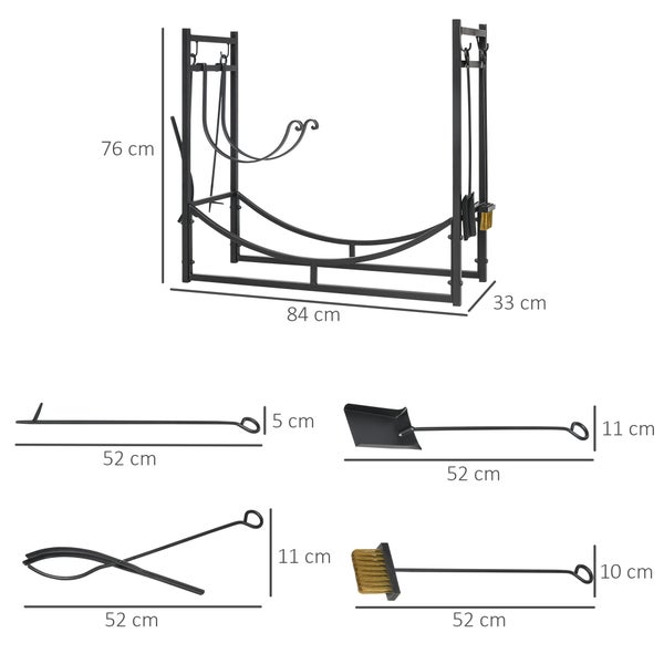 Outsunny Kaminholzregal, mit 4 Haken, 2 Schichten, 84 x 33 x 76 cm, Metall, Schwarz