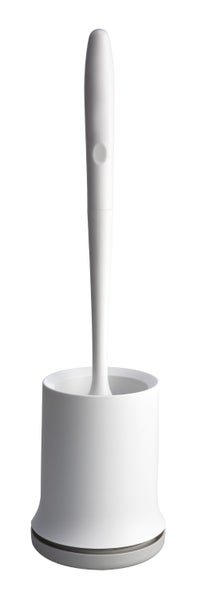 Weiße Toilettenbürstengarnitur aus Kunststoff mit schlichtem Halter und langem Griff.
