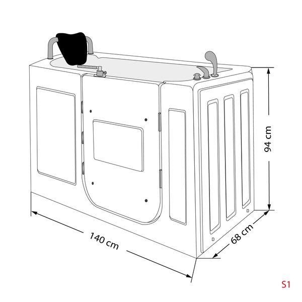 Skizze einer Badewanne mit Tür, Abmessungen 140 x 68 x 94 cm