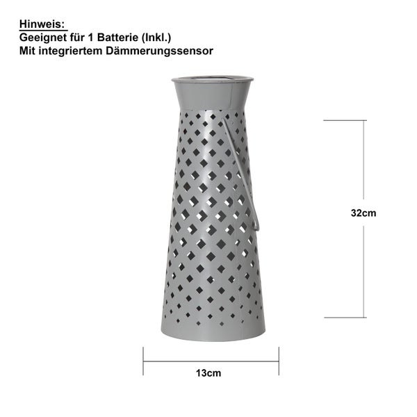 Dekorative Laterne mit Dämmerungssensor, 32 cm hoch und 13 cm breit