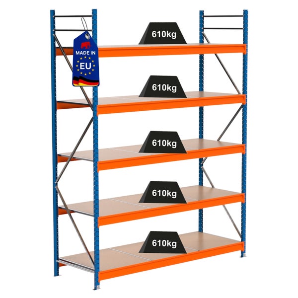 Schwerlastregal mit fünf Ebenen und einer Traglast von 610 Kilogramm pro Ebene, Hergestellt in der Europäischen Union