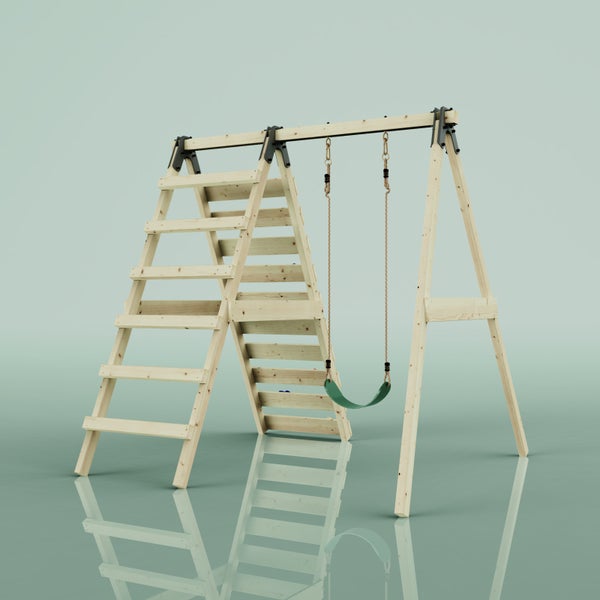 Kinderspielgerüst aus Holz mit Kletterleiter und einer Schaukel mit grünem Sitz.
