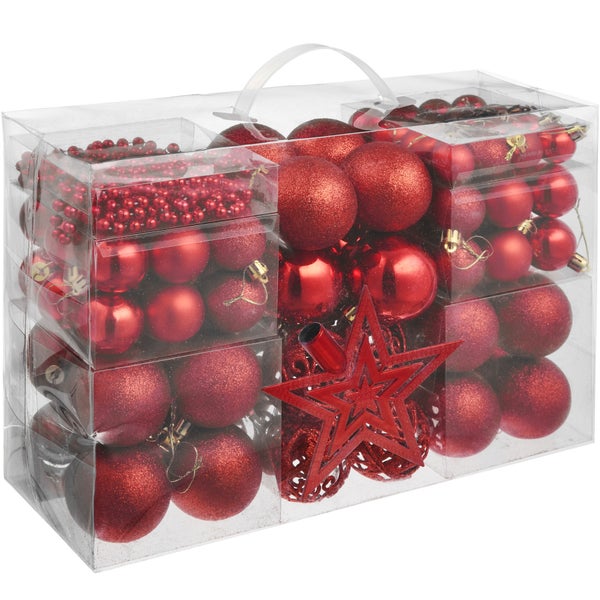 Weihnachtskugeln tectake  86-er Set in Rot, inklusive Perlenkette und Stern Durchmesser 3, 4 und 6 cm