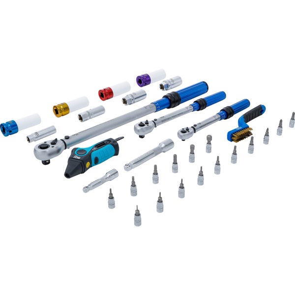 Drehmomentschlüssel Satz mit Steckschlüsseleinsätzen, Verlängerungen, Bits und Bürste