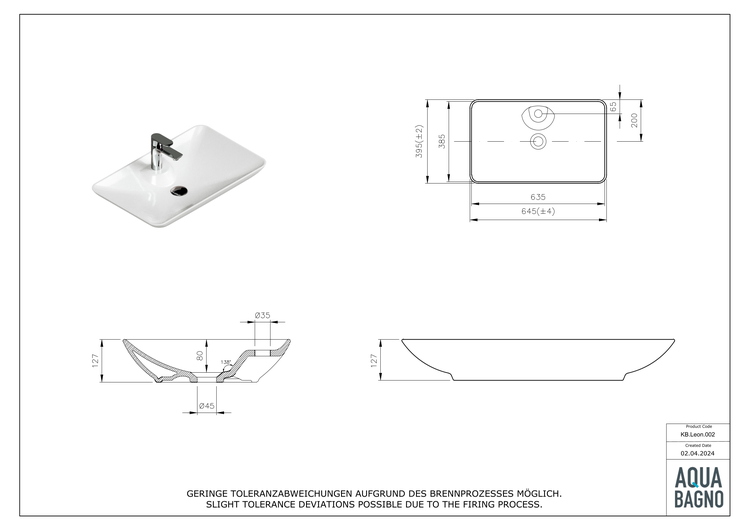 Technische Zeichnung eines Aufsatzwaschbeckens mit Maßangaben