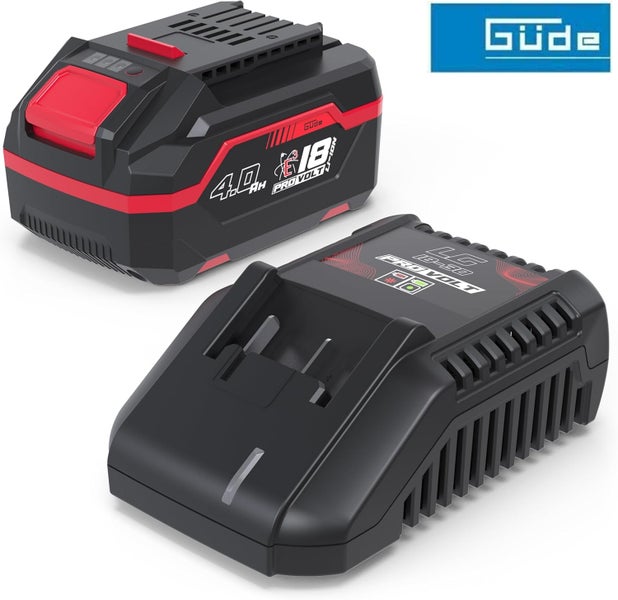 Güde Akku-Set mit einem 18 Volt Lithium-Ionen-Akku mit 4,0 Amperestunden und einem Ladegerät. Güde Logo.