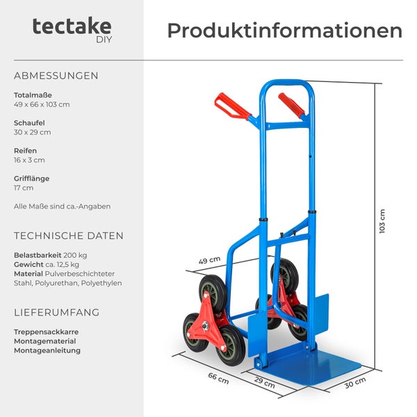 tectake DIY Logo. Treppensackkarre aus pulverbeschichtetem Stahl, Belastbarkeit 200 Kilogramm, Maße circa 49 mal 66 mal 103 Zentimeter.