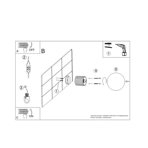 Montageanleitung für eine Wandleuchte mit bebilderten Schritten zur Elektroinstallation und Wandmontage.