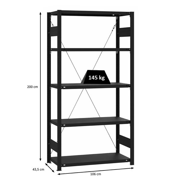 PROREGAL Wohnregal Motemo Made In Germany HxBxT 200 x 100 x 40 cm 5 Ebenen Je 150 kg Fachlast Matt & Schwarz