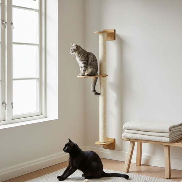 Wandkratzbaum aus Holz mit Sisalstamm an einer hellen Zimmerwand neben einem Fenster mit zwei Katzen im Raum.