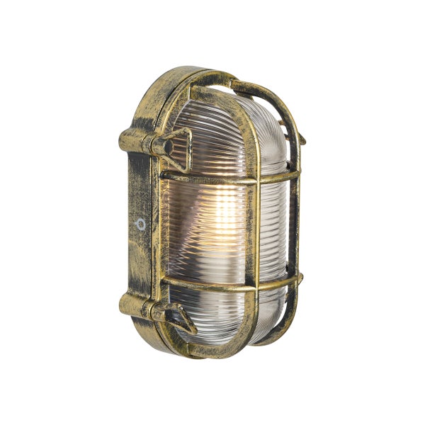 Ovale Wandleuchte im industriellen Design mit Metallgitter und geriffeltem Glas.