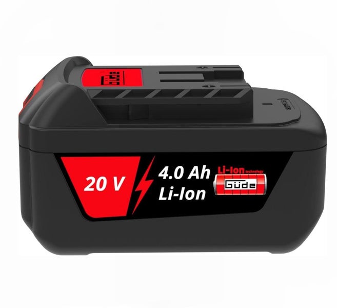 Güde Akku 20 Volt, 4,0 Amperestunden, Lithium-Ionen-Technologie. Güde Logo.