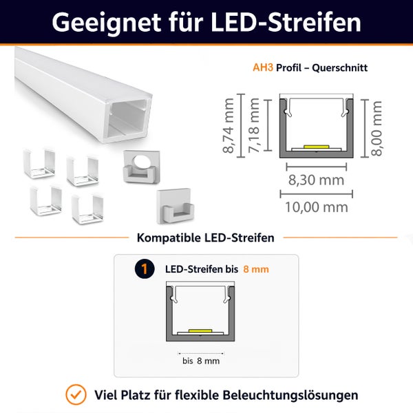 Aluminium LED Profil AH3 für LED Streifen bis 8 Millimeter Breite mit Montageclips und Endkappen inklusive technischer Zeichnung