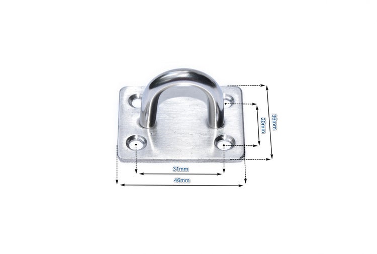 Augplatte aus Edelstahl, 46 mal 36 Millimeter, Lochabstände 31 und 20 Millimeter.