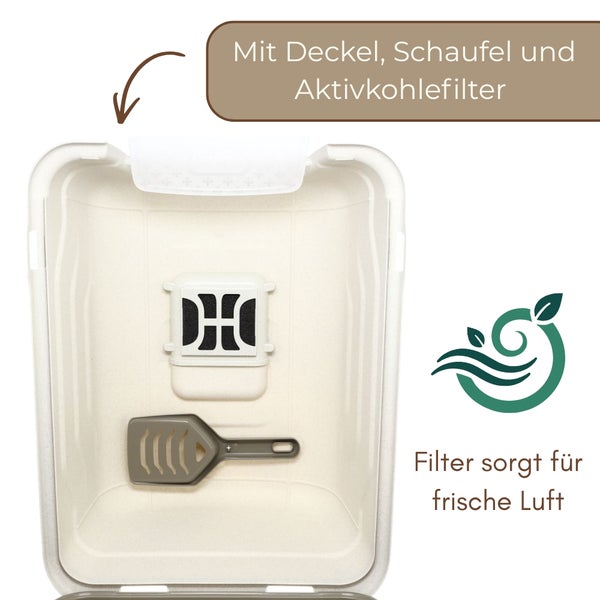 Deckel für eine Katzentoilette mit integriertem Aktivkohlefilter für frische Luft und einer Schaufel.