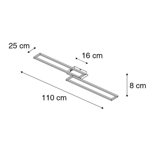 Abbildung der Abmessungen einer Deckenleuchte: 110 cm Länge, 25 cm Breite, 8 cm Höhe, 16 cm Deckenbefestigung