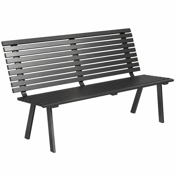 Schwarze Gartenbank aus Metall mit Rückenlehne und Lattendesign.
