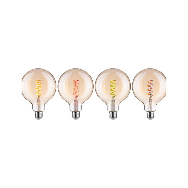 Vier runde LED Vintage Filament Lampen mit E27 Sockel und spiralförmigem mehrfarbigem Leuchtfaden